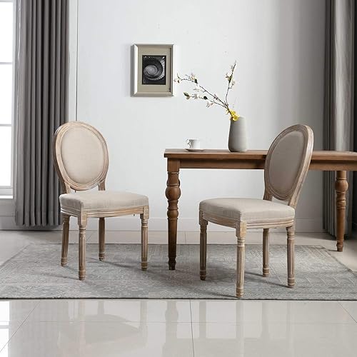 Miniatura 2 de Kmax Sillas de comedor estilo granja, sillas de dormitorio con respaldo redondo, elegantes sillas de cocina copetudas, juego de 2, color beige