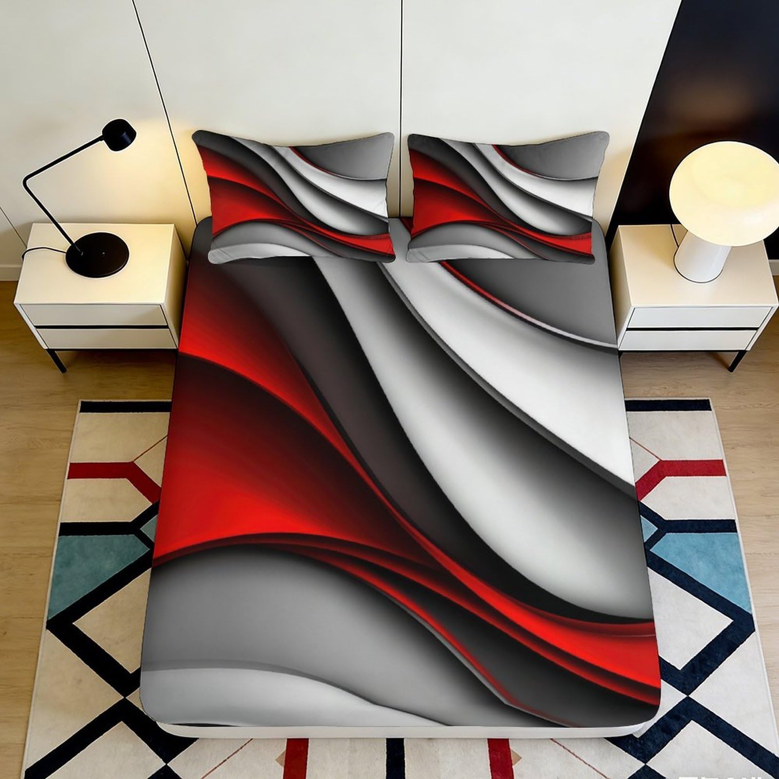 3D Printed Red Black Wave Fitted Sheet Microfiber Soft Modern Abstract Grey Mattress Cover for Bedroom Dorm 160x200x25cm