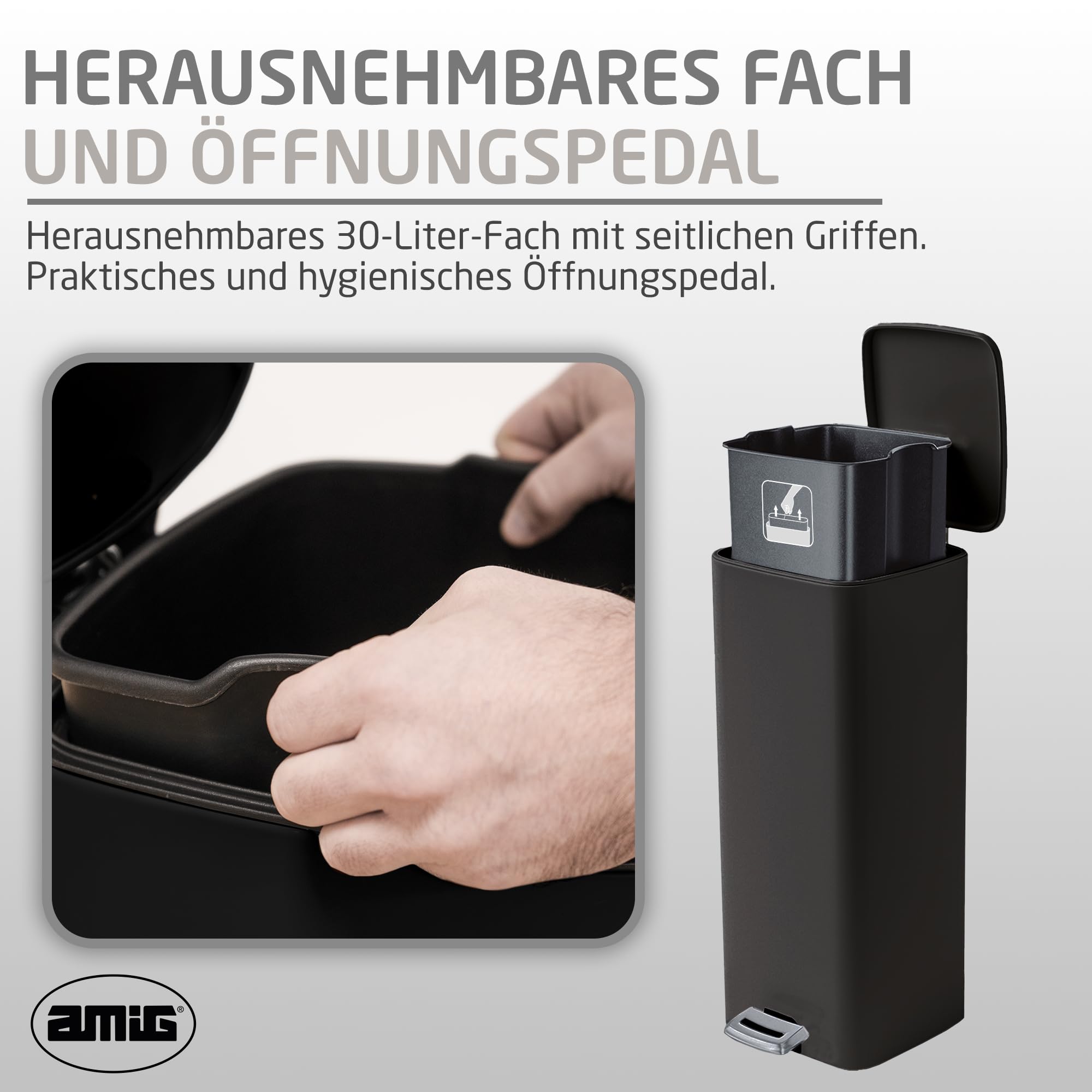 Amig - Pedaalprullenbak van 30 liter, model Artvin - Chroom - Hygiënische, handsfree opening - 27 x 36 x 65 cm - Verchroomd roestvrij staal - Keukenafvalbak met luchtdicht deksel