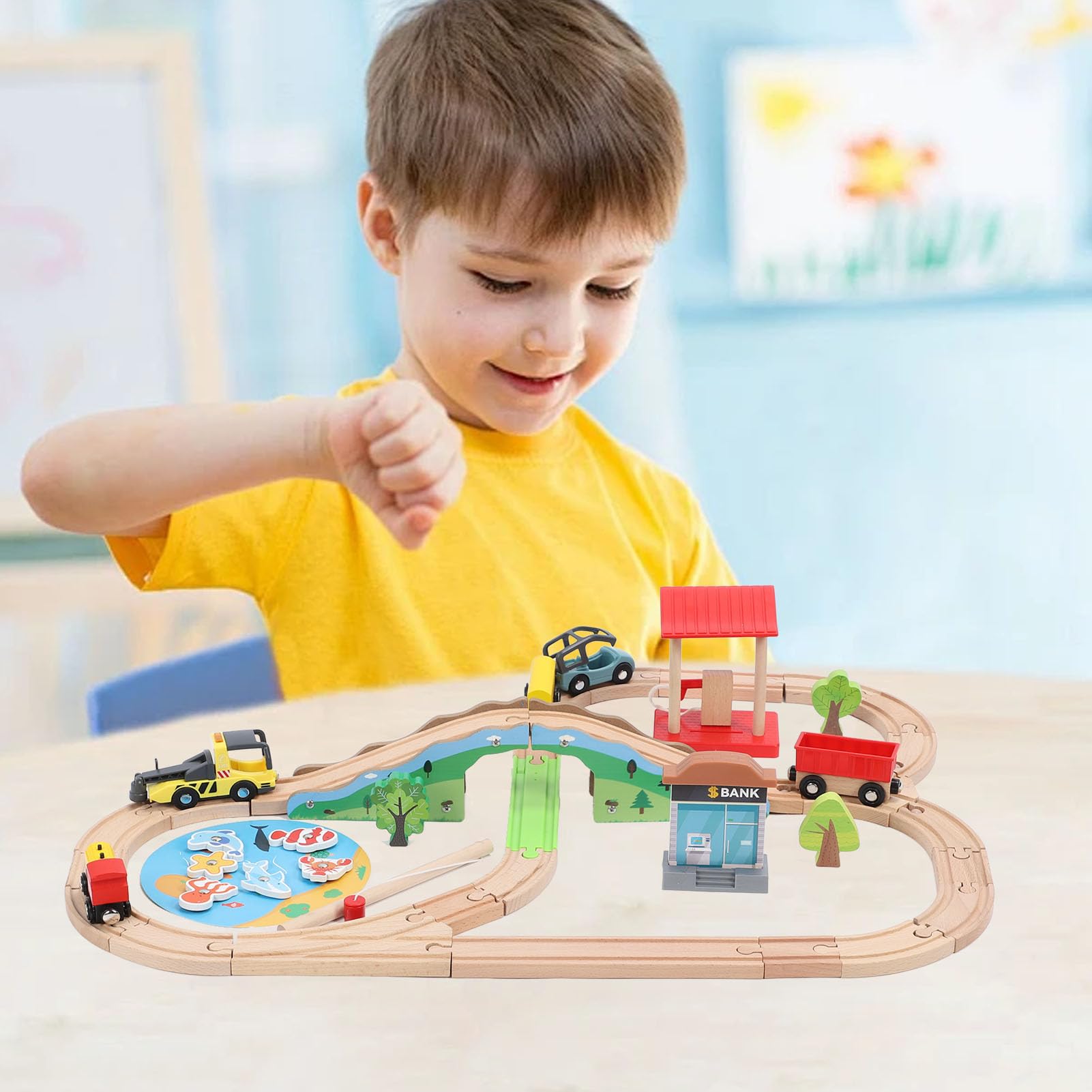 Hidyliu Juego de Vías de Tren de Madera, Juguete Educativo con Temática Urbana para Niños Pequeños de 2 Años en Adelante, Materiales Ecológicos y Seguros, 49 Piezas