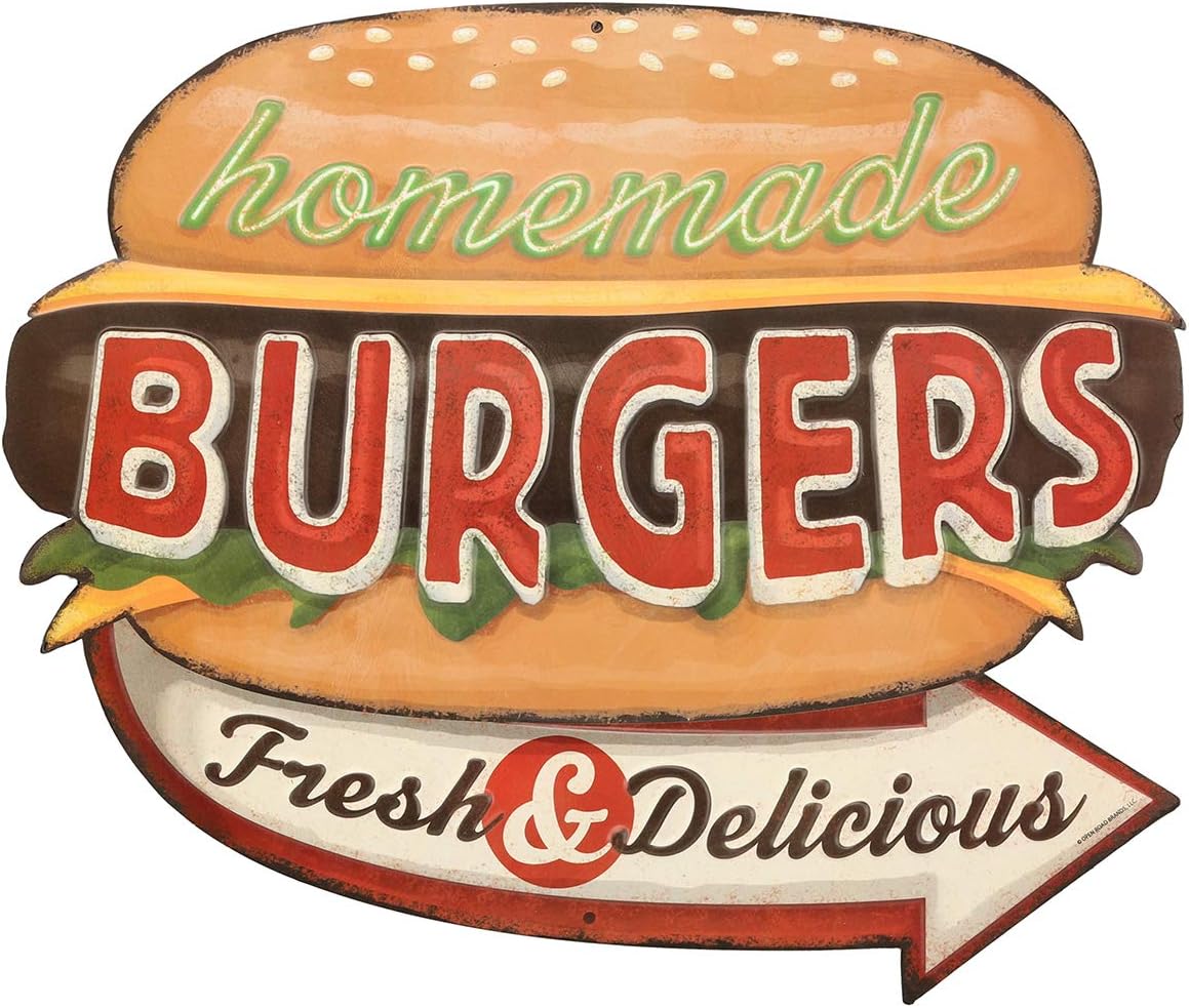 Homemade Burgers Embossed Metal Sign - Vintage Diner Burgers Sign for Kitchen or Man Cave - Fresh and Delicious