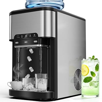 3-in-1 Countertop Water Dispenser with Ice Maker, 44Lbs/24H Ice Machine | Hot & Cold Water, Top-Loading 35 Gallon, Touch-Free Ice Dispensing, Child Lock, Stainless Steel, Home, Office & RV