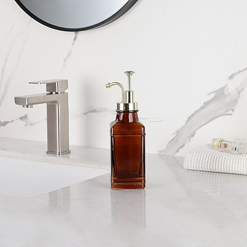 Miniatura 9 de Dispensador de jabón de vidrio ámbar con dispensador de bomba de oro cepillado, bomba recargable moderna para baño, cocina u oficina, elegante pieza