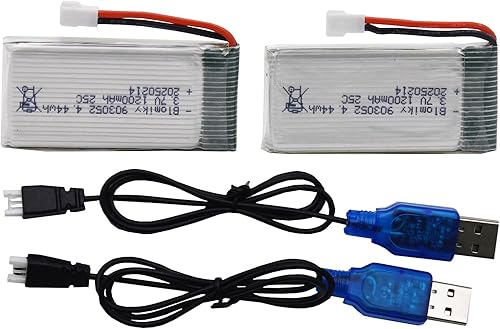 Miniatura 8 de Blomiky Paquete de 2 baterías de 3.7 V 1S 1200 mAh Li-PO MX2.0 Plug 25C y 2 cables de cargador para Syma X5SW X5SC RC Quadcopter Helicóptero Drone