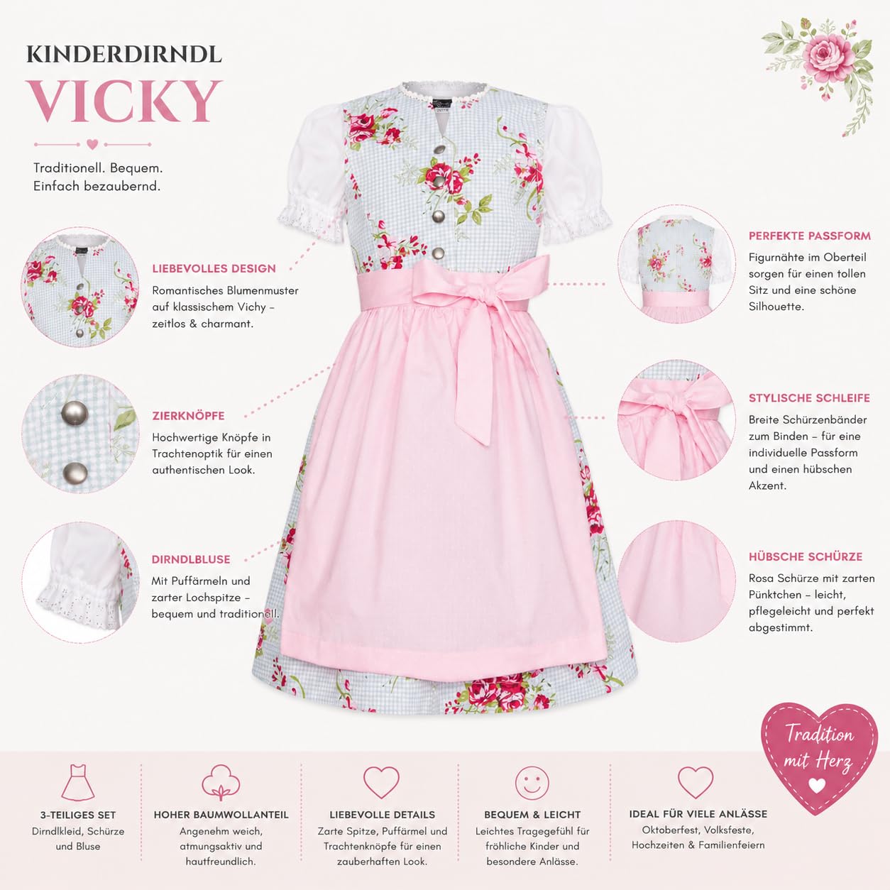 Ramona Lippert Kinderdirndl Vicky mit Bluse 3-teilig rosa