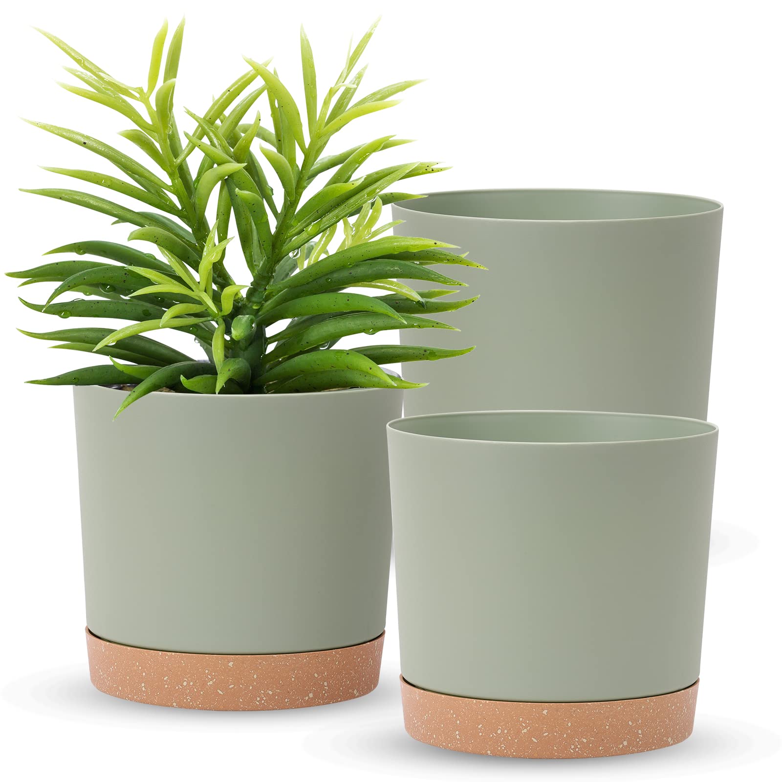 Whonline 8 Inch Plant Pots, 3 Pack Large Planters Plastic Flower Pots for Indoor Plants with Drainage Holes and Saucers, Modern Decorative Plant Pot Indoor Outdoor(Mint Green)