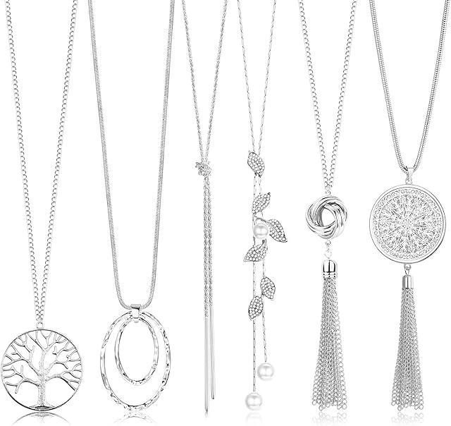Roheafer 6Pcs Long Necklaces for Women Tassel Pendant Necklace Circle Knot Bar Feather Leaf Sweater Necklace Statement Necklace for Women