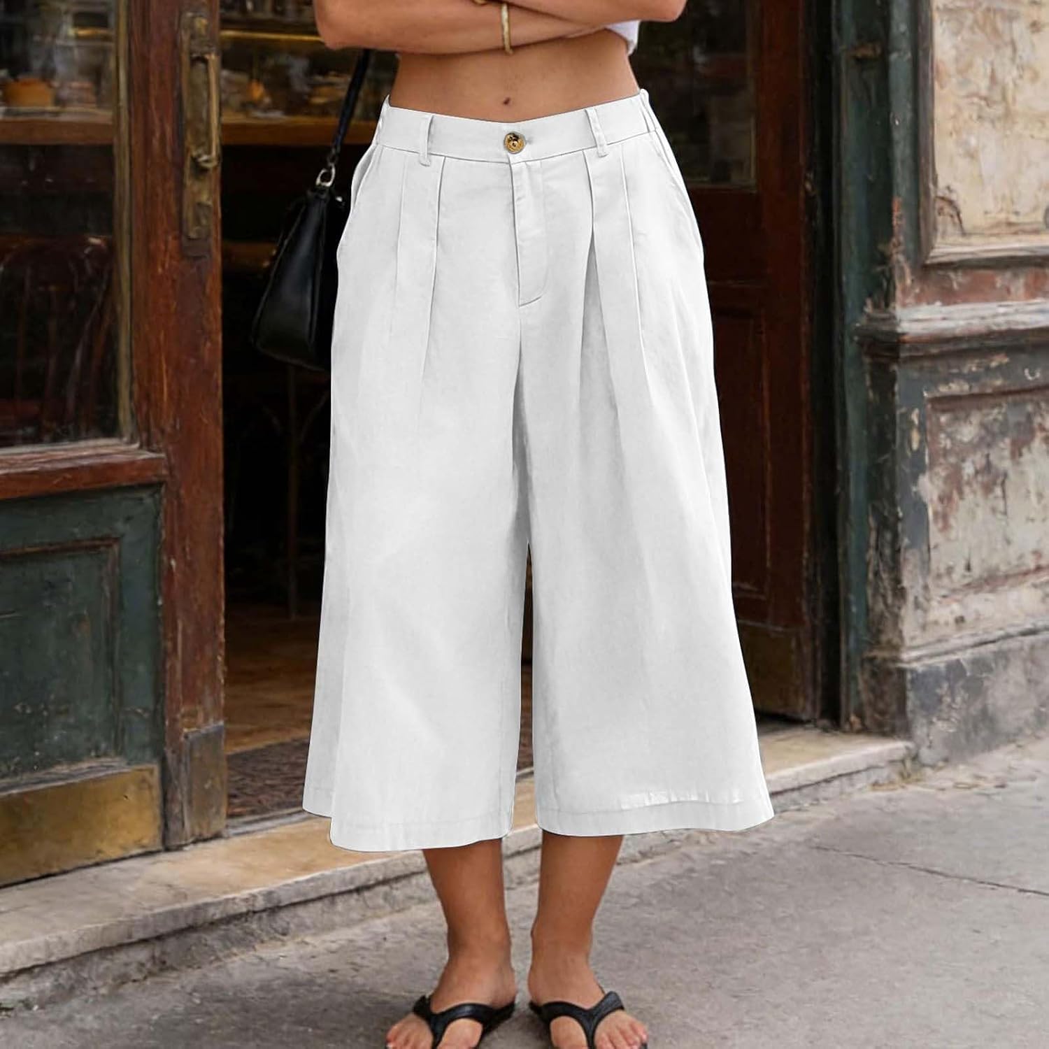 Cotton Linen Capris Pants for Women Summer Casual Loose High Waist Wide Leg Lounge Beach Vacation Cropped Trousers