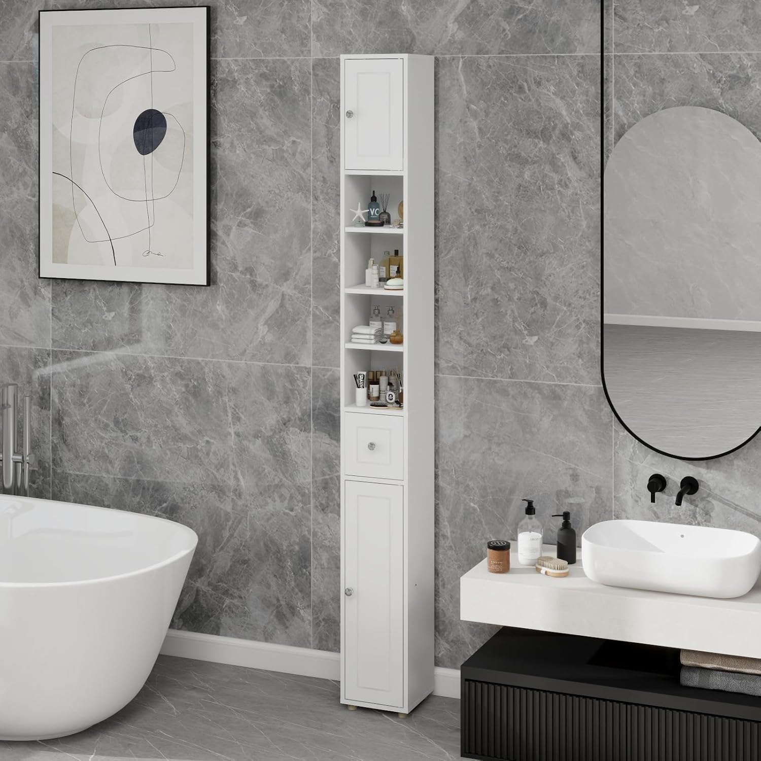 Tall Slim Bathroom Storage Cabinet, 71" Freestanding Bathroom Cabinet w/ 2 Doors, 1 Drawer, 4 Adjustable Shelves, Floor Narrow Tower Cabinet for Small Spaces