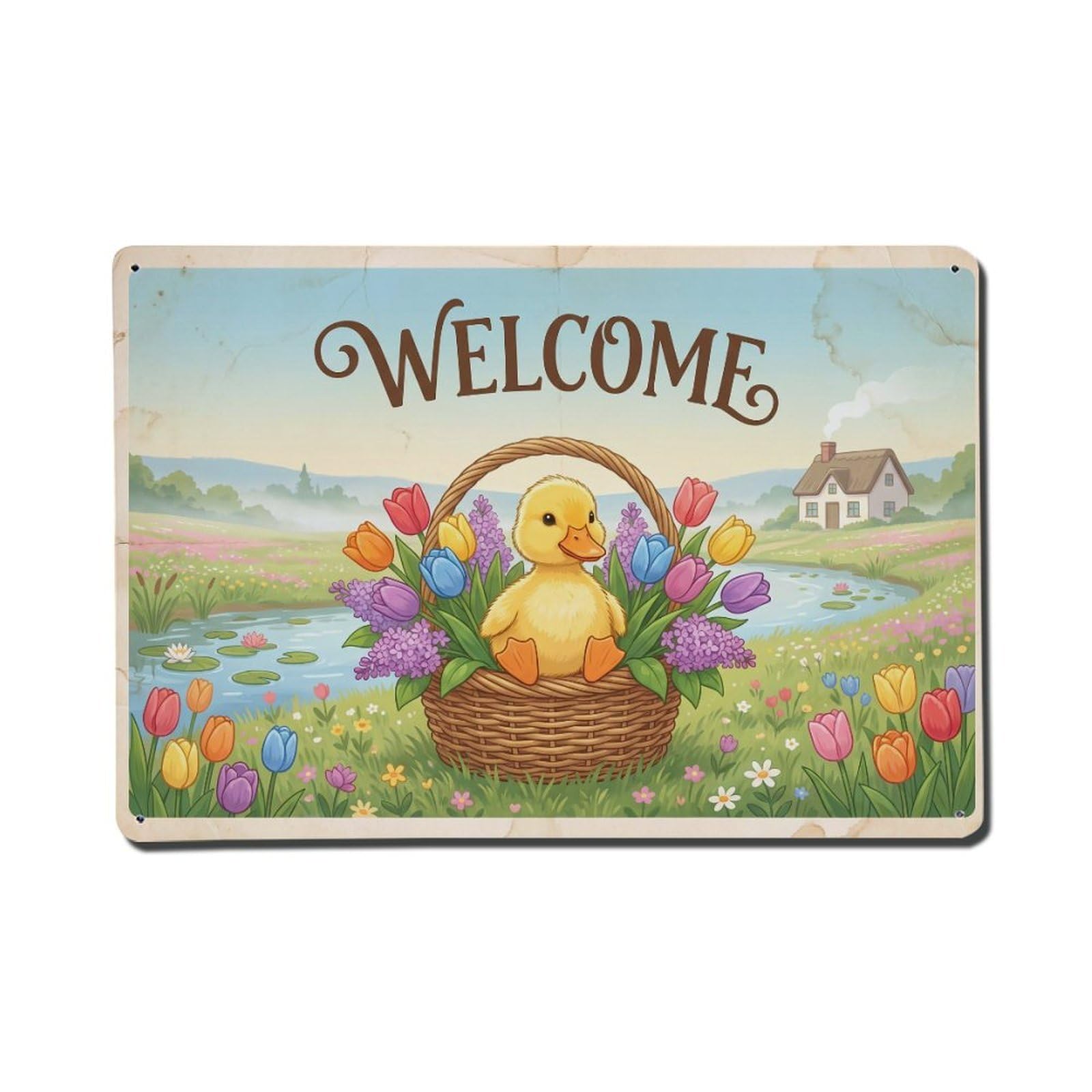 Vintage Welcome Duckling Flower Basket Metal Tin Sign