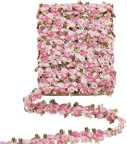 PH PandaHall Cinta de encaje de flores de 5 yardas, ribete de encaje floral rosa intenso de 34 pulgadas, cintas bordadas para bricolaje, apliques de