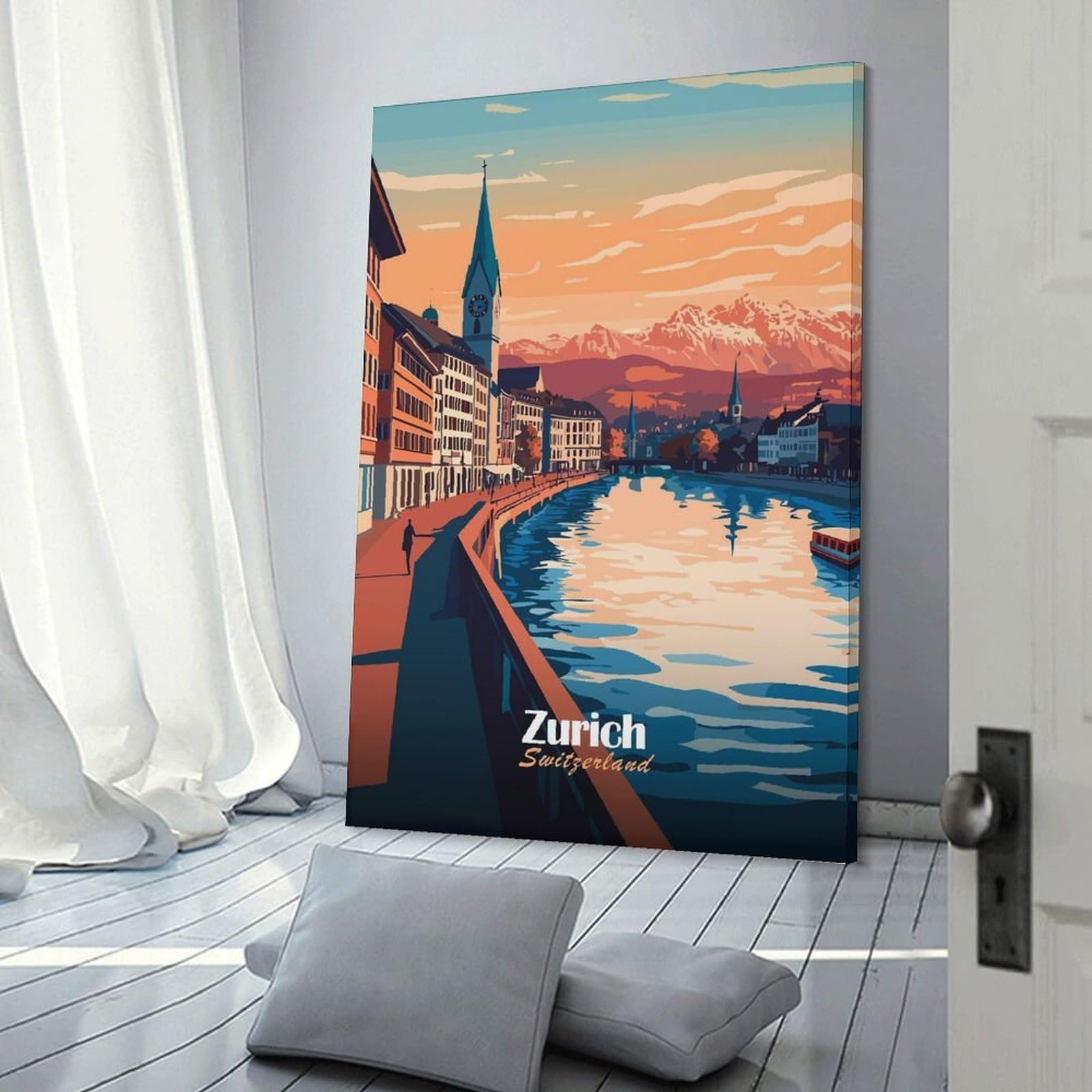 Junmoney Frame-Style-6 Zurich Cityscape Sunset Canvas Wall Decor, 24X36inch(60X90cm), For Small Homes, Bedrooms Or Open Spaces, Home Artwork For Modern Interiors