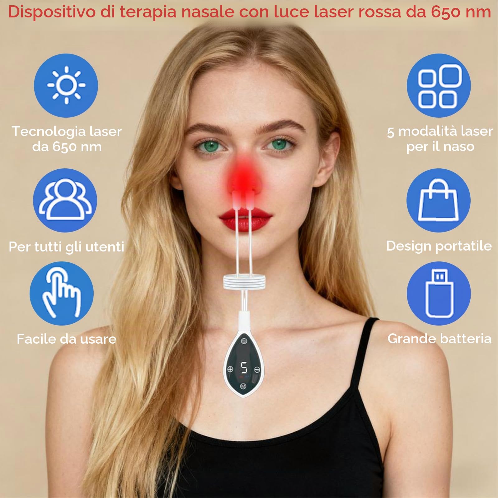 Terapia nasale a luce rossa da 650 nm, dispositivo laser per la salute nasale, 5 livelli di intensità, ricaricabile e portatile, 4 naselli in silicone per un comfort ottimale