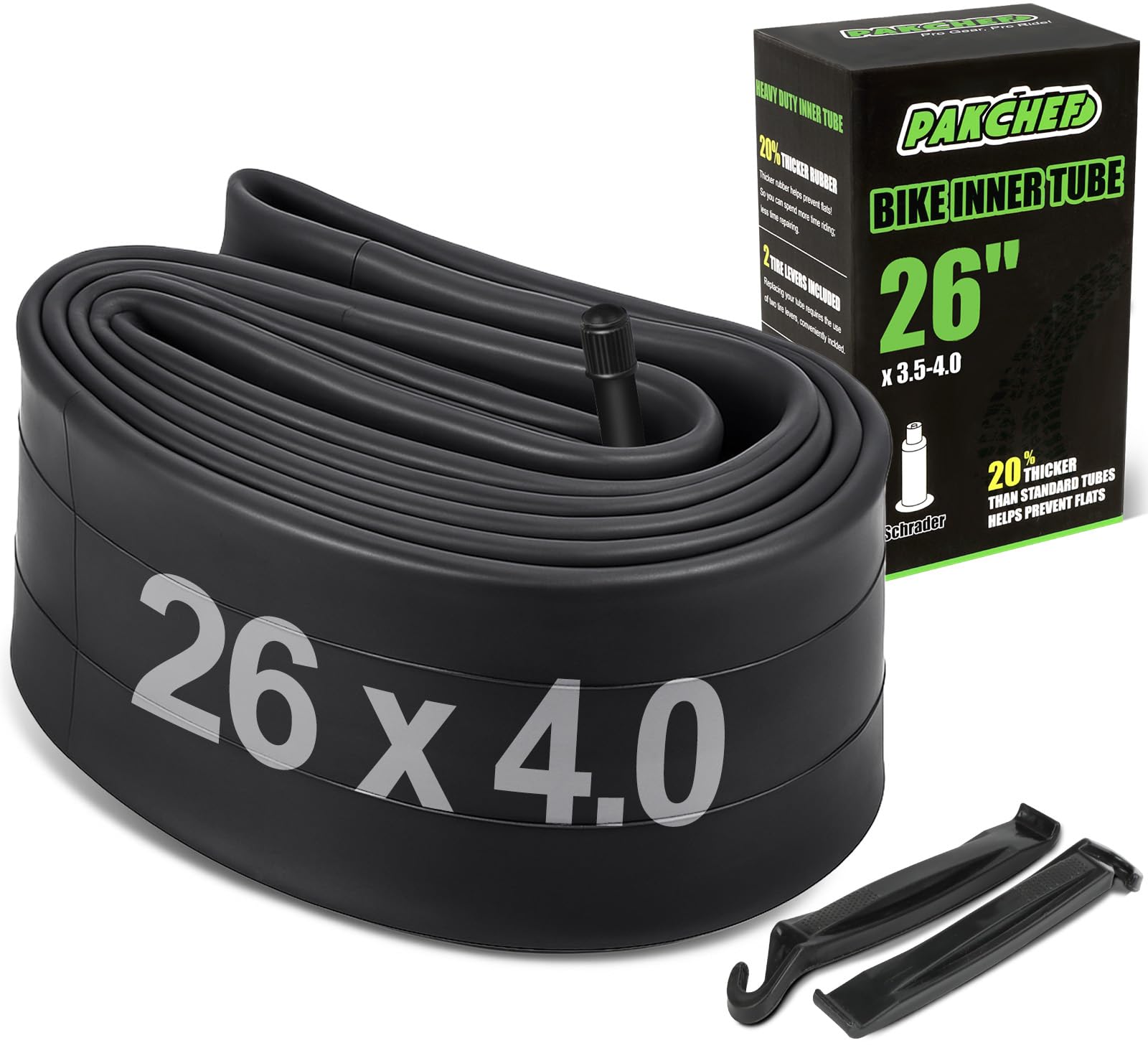 PAKCHEF Heavy Duty 20x4.0, 26x4.0 Fat Tire Tube with Schrader Valve - Thick Butyl Rubber Bike Inner Tube for E-Bikes Mountain Bikes
