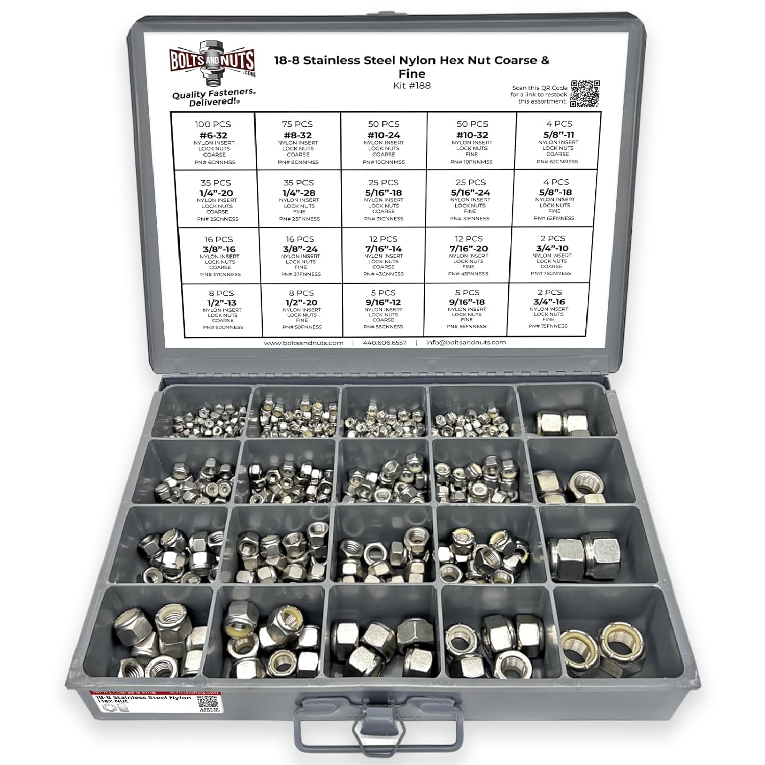 Stainless Steel Nylon Hex Nut Coarse & Fine Assortment - 490 Pieces