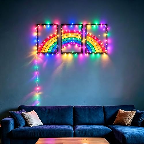 Boho Rainbow Wall Art with Light Set of 3, Rustic