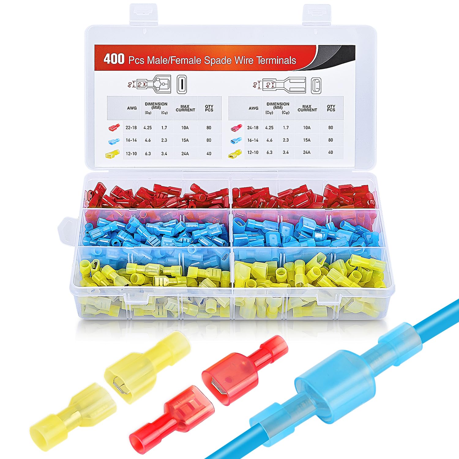 Nilight 400 Pcs Spade Terminals Nylon Quick Disconnect Male and Female Connectors Electrical Insulated Wire Crimp Assortment Kit