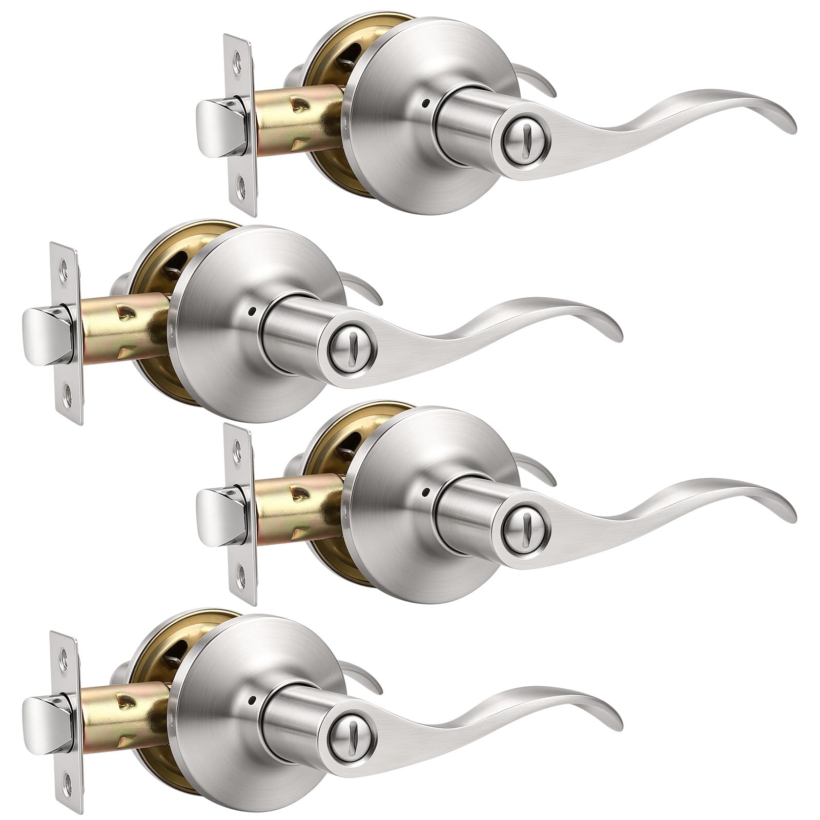 Mengico 4 Pack Satin Nickel Privacy Door Lever, Modern Interior Door Knobs Locks for Bedroom and Bathroom, Heavy Duty Door Handle, Reversible Wave Lever Handle