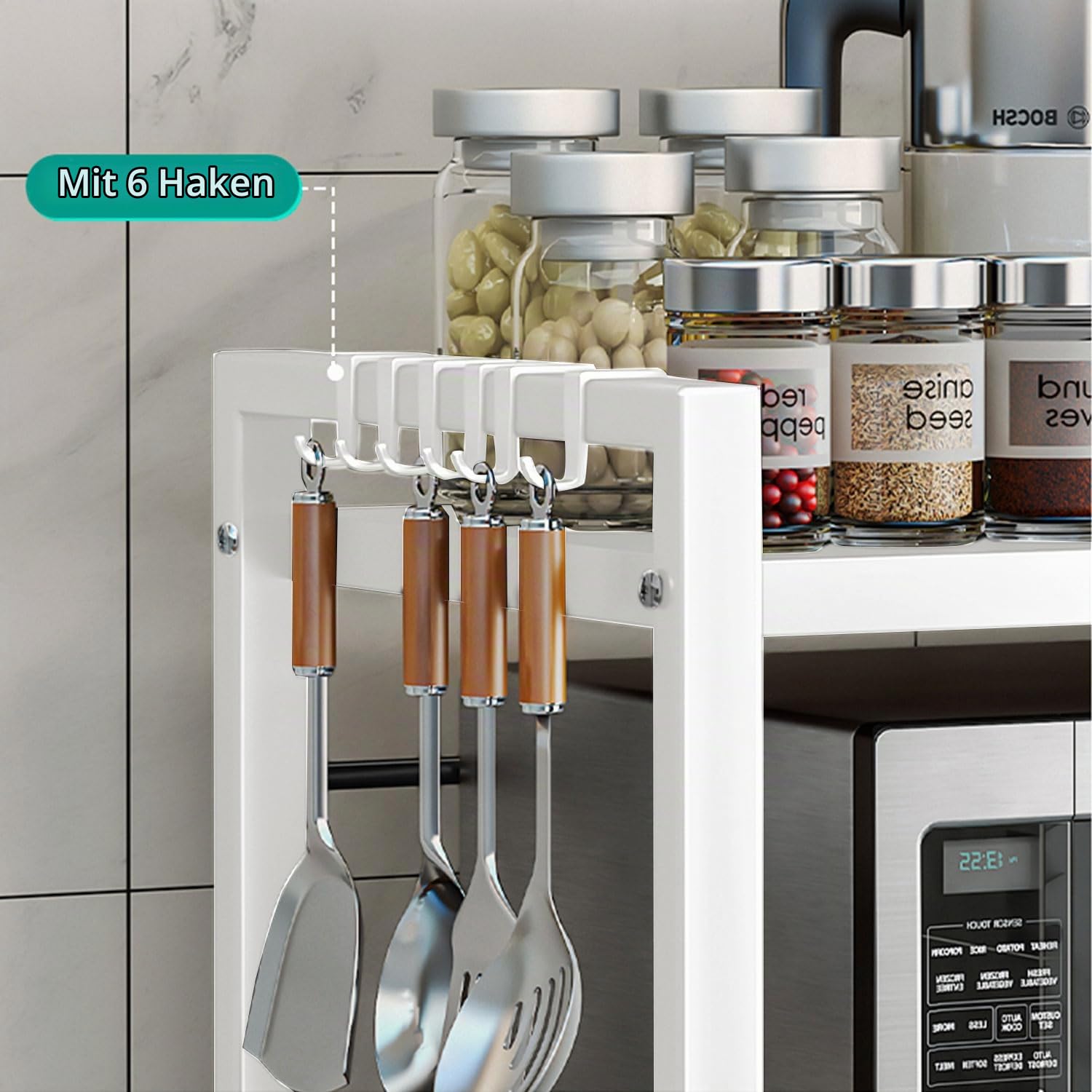 devesanter Mikrowellen Regal 3-Stufiges Ausziehbar arbeitsplatte Bäckerregale mit 6 Haken,Küchenregal Gewürzregal Mikrowellenschrank Organizer für Küchen Ausziehbar von 40-64cm Weiß