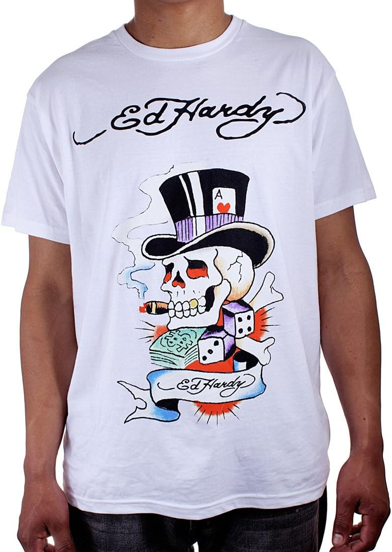 Ed Hardy Mens Smoking Magic Skull Graphic Tee Shirt - White