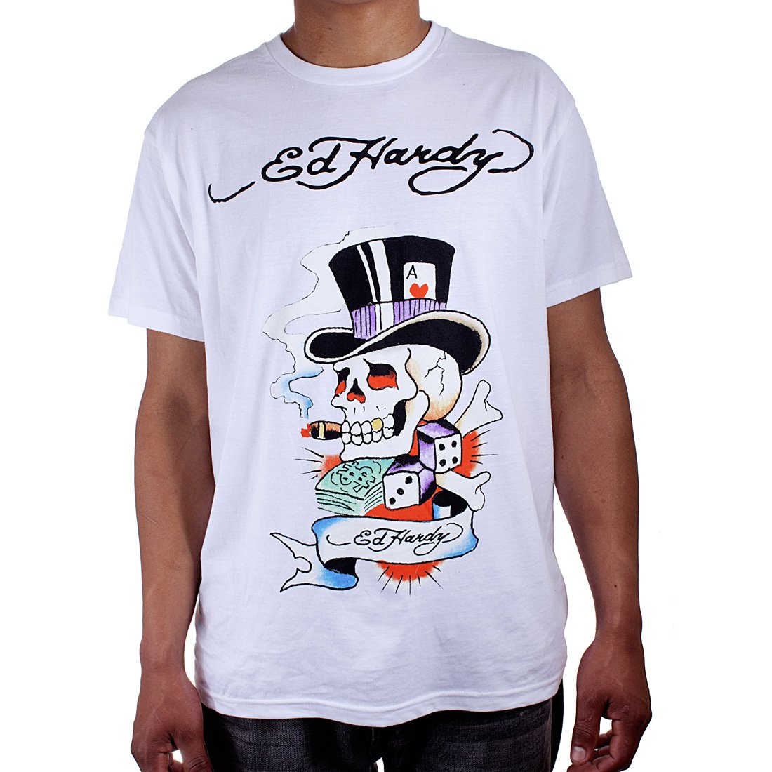 Ed Hardy Mens Smoking Magic Skull Graphic Tee Shirt - White