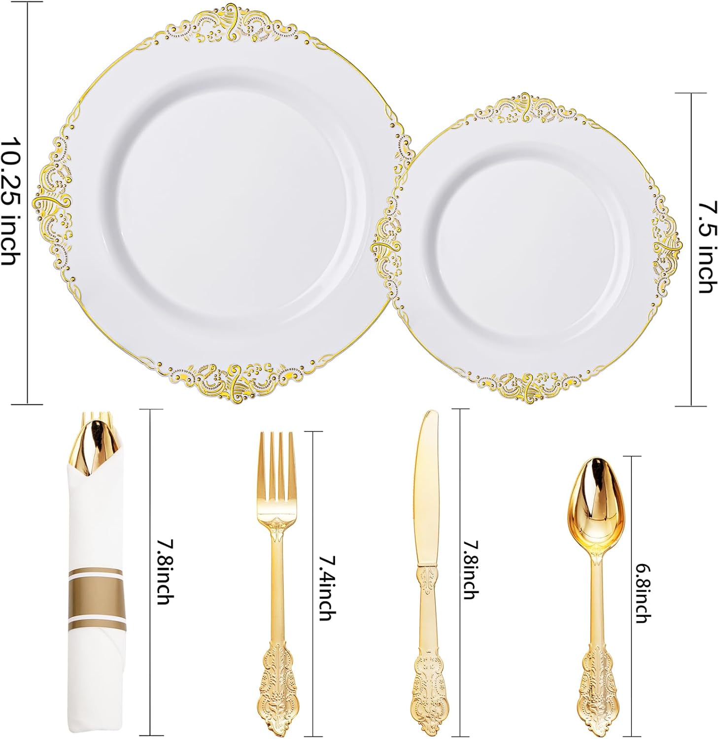 Nervure 600 Pieces White and Gold Plastic Plates - Disposable White Gold Plastic Plates & Pre Rolled Napkins with Cutlery for 100 Guests, 200Plates, 300Silverware,100Napkin for Wedding & Party