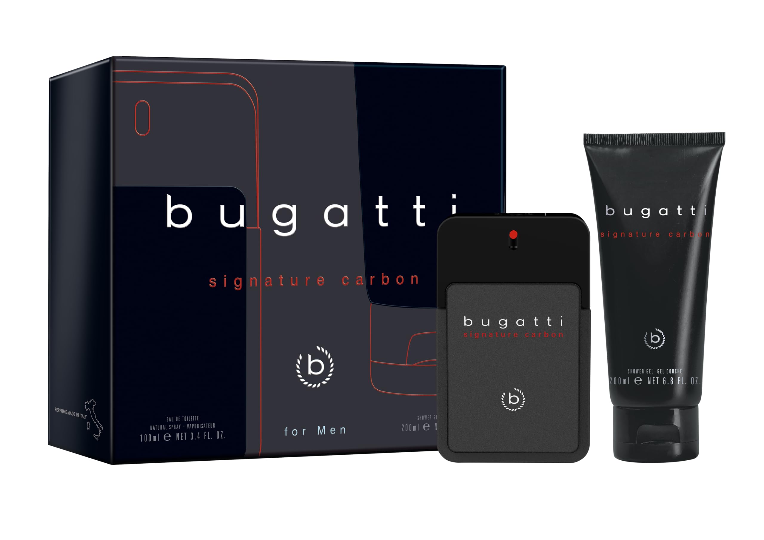 bugatti signature carbon Geschenkset Herren I Eau de Toilette 100ml + Showergel 200ml I maskuliner Herrenduft mit dynamischer Kopfnote & Amber-Patchouli-Basis I kraftvolles Duft & Duschgel Set