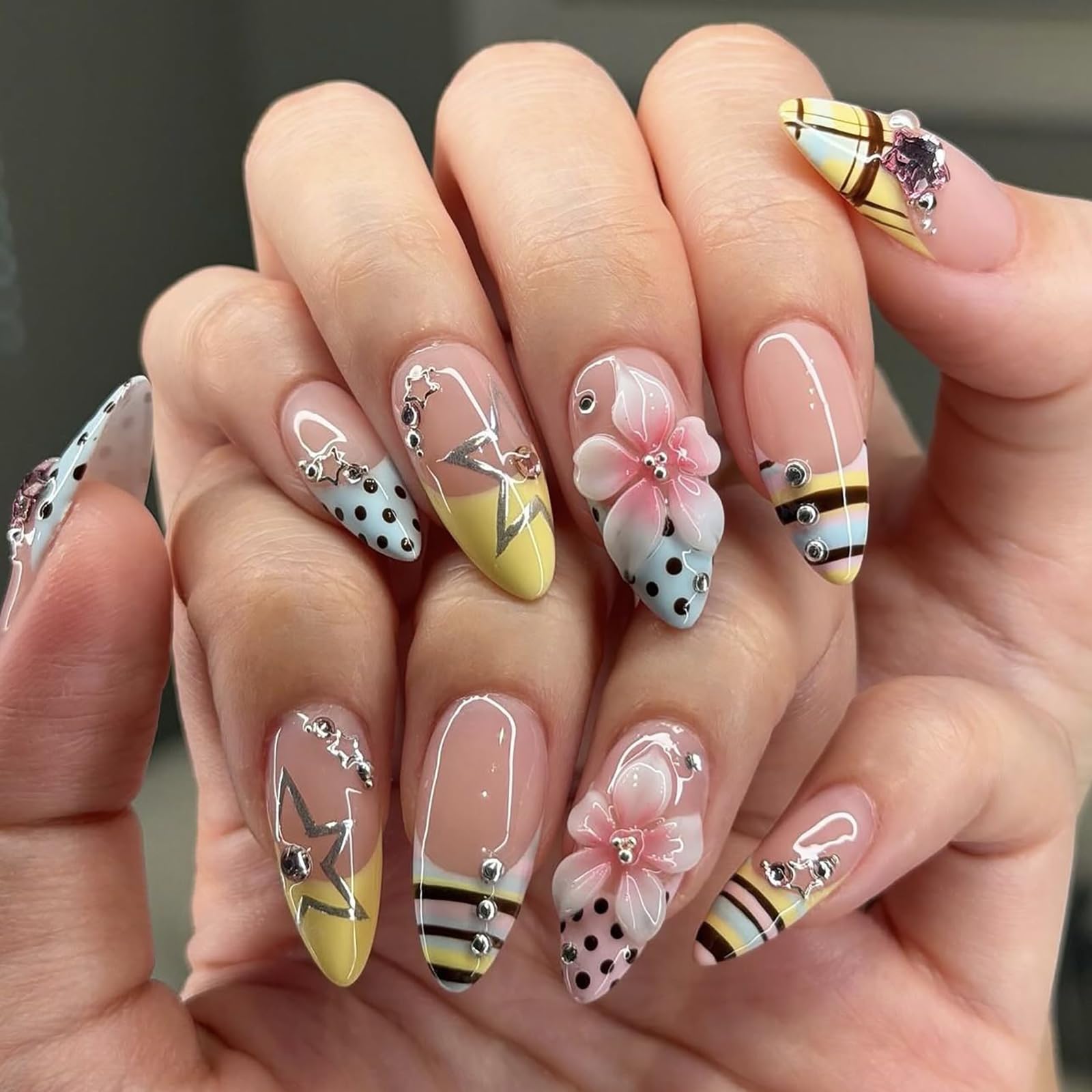 Y2K Nails, Pink and Black Press on Nails with 3D Cherry Blossom Star Striped Designs, Full Cover Stick on Nails for Daily Wear and Special Occasions, 24PCS ABS False Nails with Jelly Glue Included