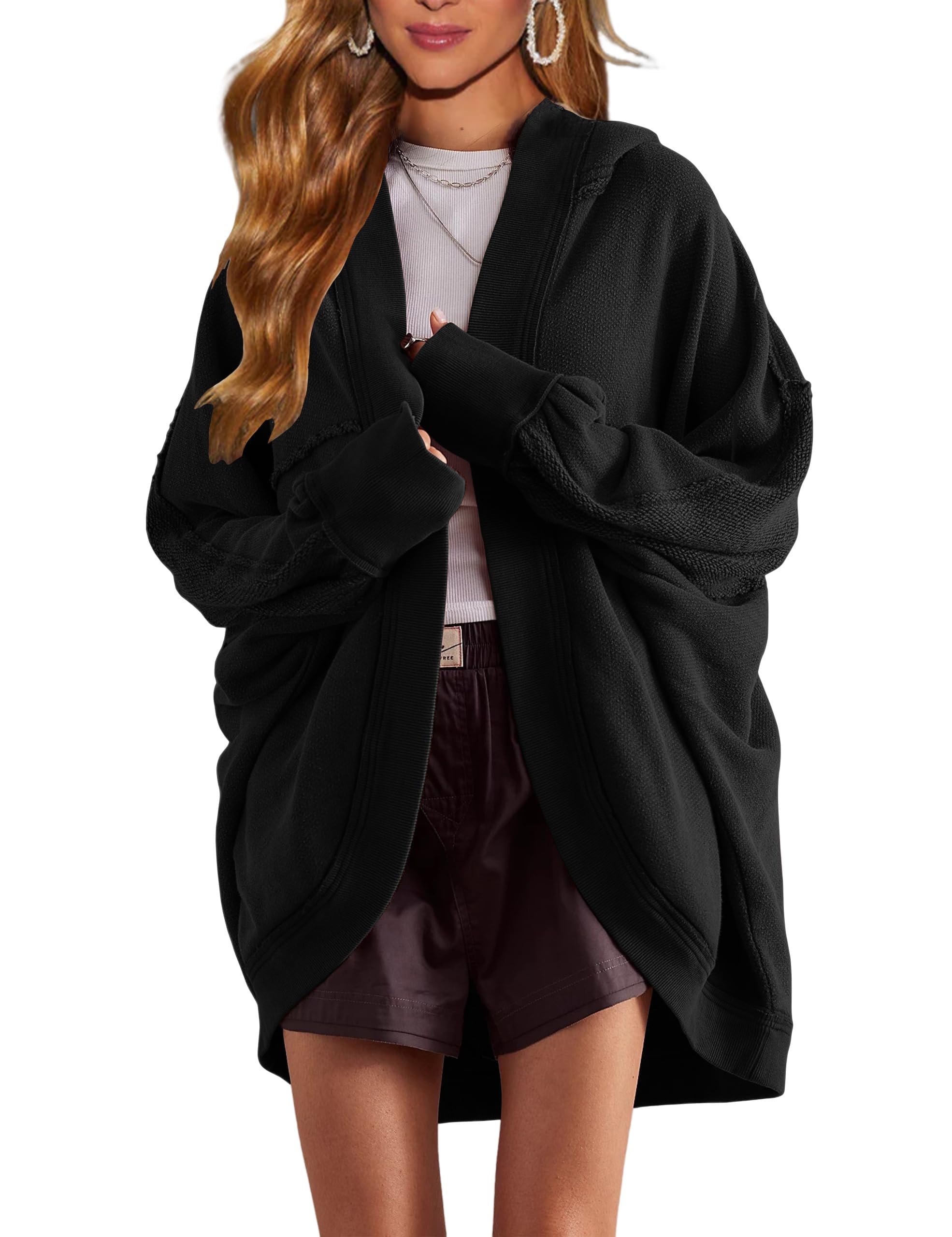 Womens Oversized Cardigan Hooded Open Front Sweatshirt Drop Shoulder Long Sleeve Fall Jackets Outwear