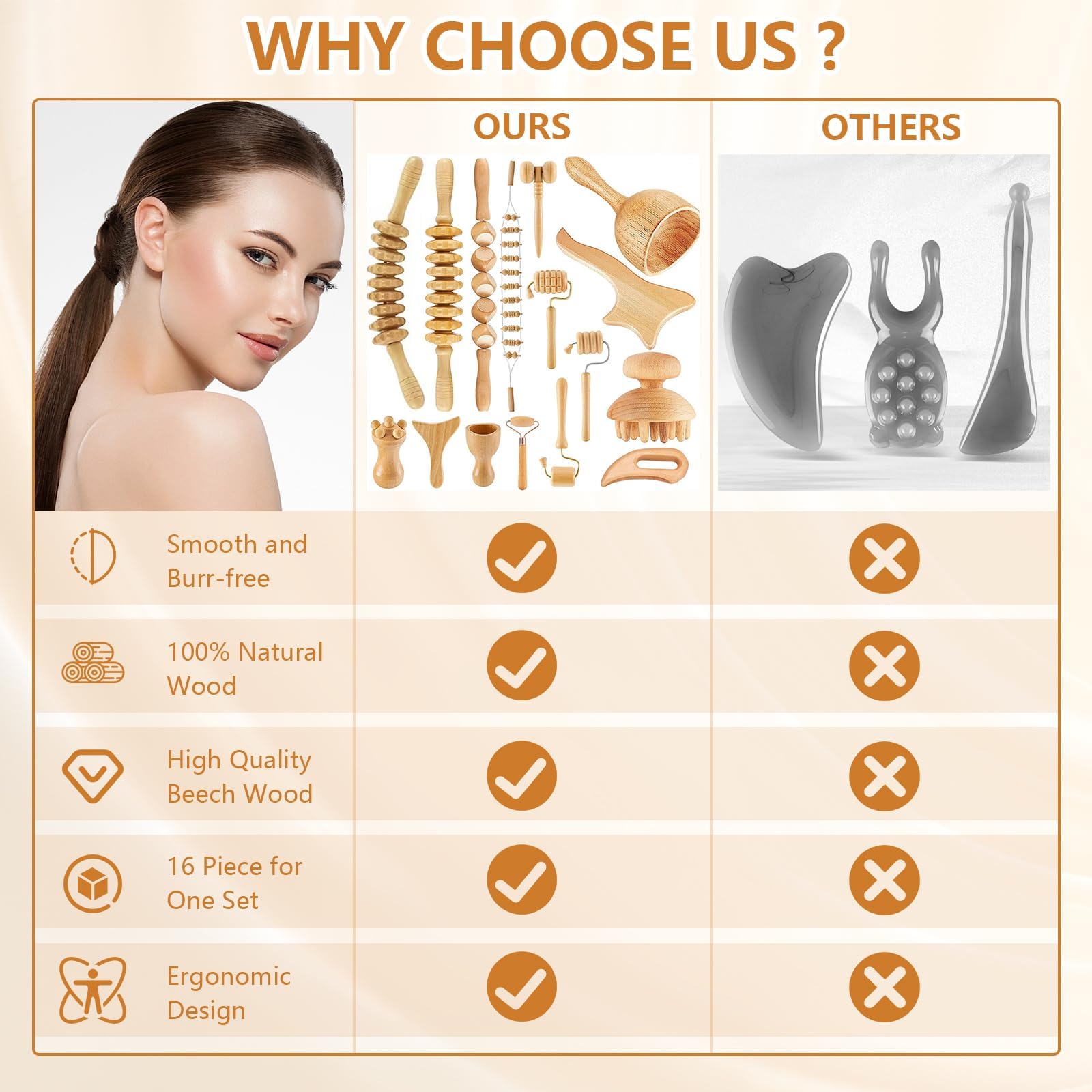 Ensemble de massage en bois de 16 pièces, avec drainage lymphatique, masseur cellulite, planche Gua Sha et rouleaux en bois pour façonner le corps et soulager les douleurs musculaires