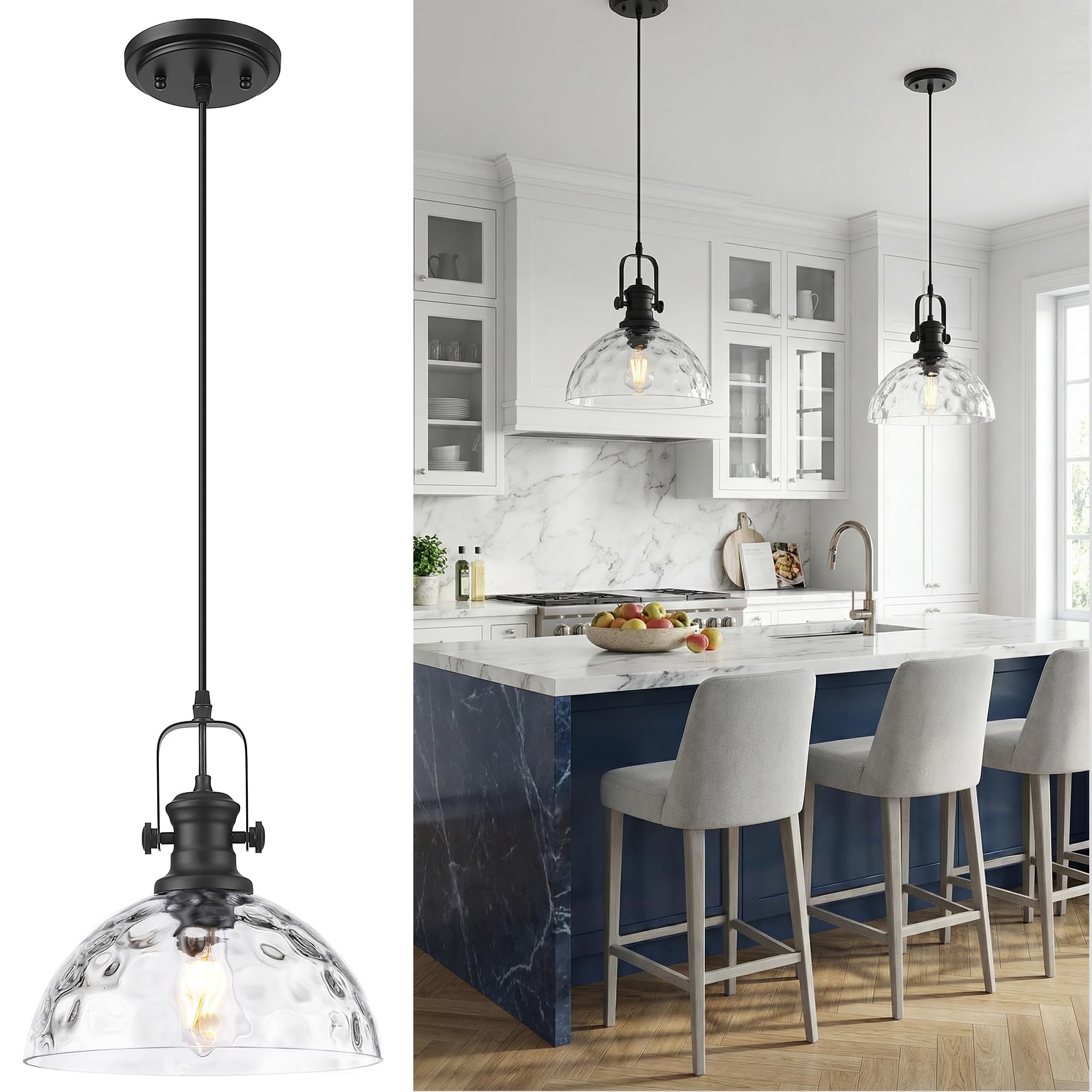 10.5" Black Pendant Light for Kitchen Island, Hammered Glass Shade
