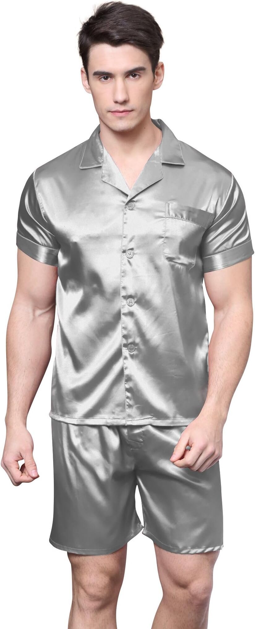 TONY AND CANDICETony & Candice Men's Short Sleeve Satin Pajama Set with Shorts (Gray,L)