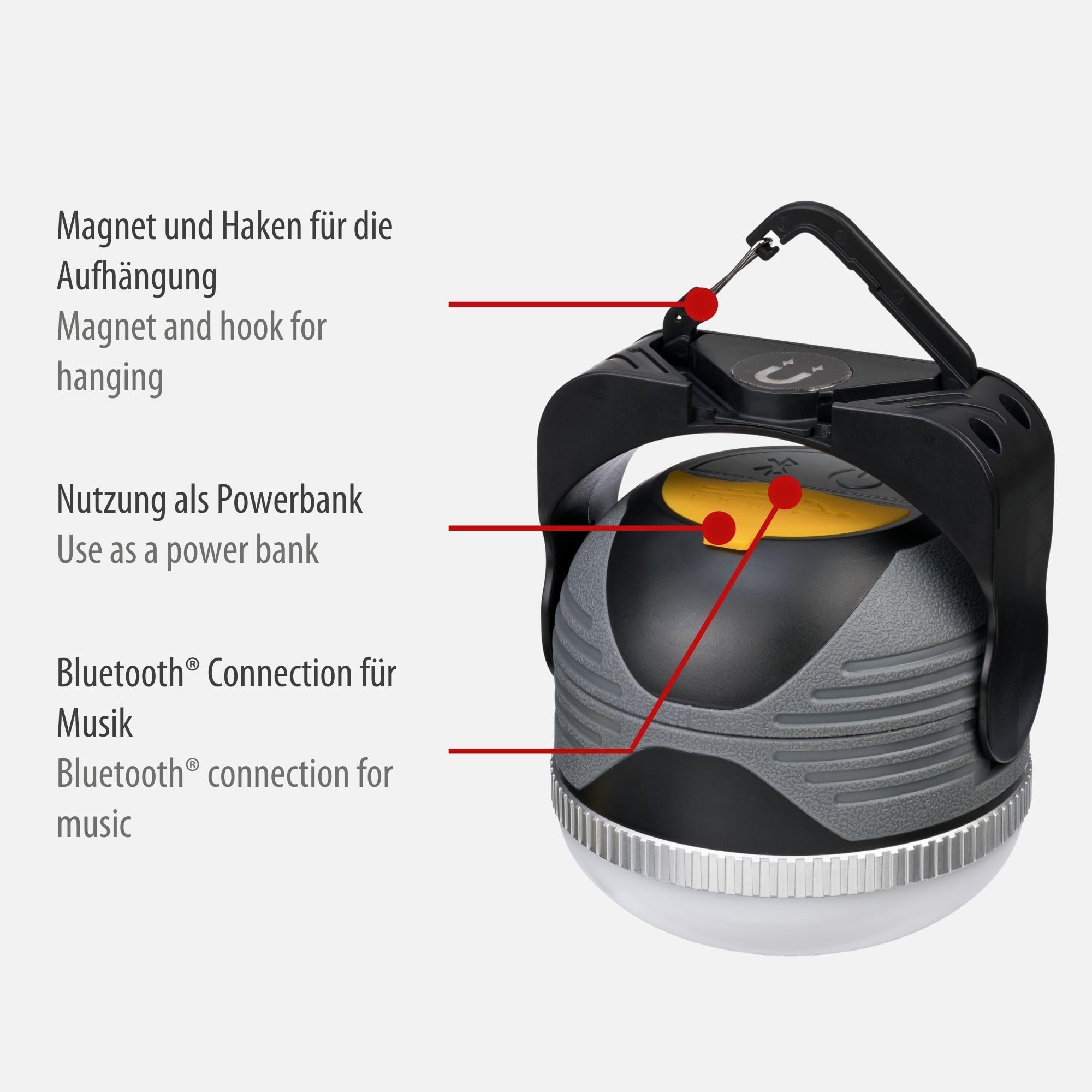 Brennenstuhl Lampe Portable LED Polyvalente Rechargeable OLI 310AB 350 lumen, Avec Haut-Parleur Bluetooth® (Lampe Camping Aimanté, Crochet et Prise-Chargeur USB, Fonction Powerbank (IP44)