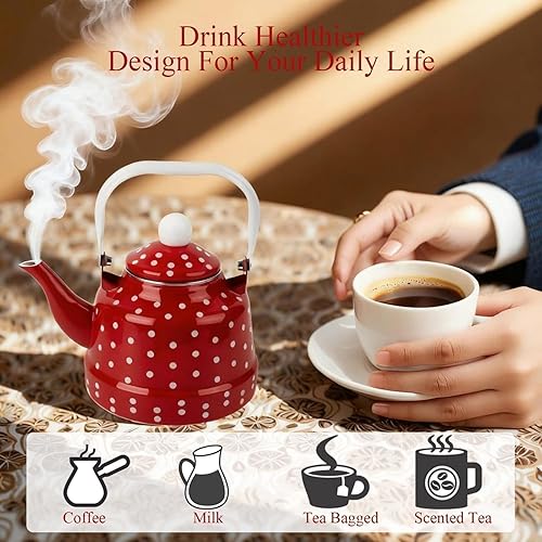 Miniatura 5 de Estufa de té esmaltada vintage de 1.8 cuartos de galón, tetera esmaltada con manchas rojas y blancas, café de agua con asa, hervidor de agua