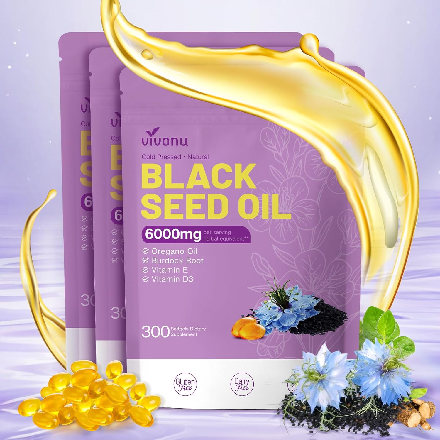 VivoNu Black Seed Oil Capsules, Black Seed Oil Organic Cold Pressed,6000mg,300 Count | 9-in-1 Formula with Oil of Oregano,Burdock Root,TQ & THQ,Vitamin E&D3 | Non-GMO,Immune Support