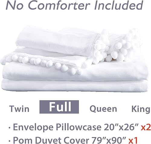 Miniatura 7 de Andency Funda de edredón con flecos y pompones, tamaño matrimonial (79 x 90 pulgadas), 3 piezas (1 funda de edredón color blanco liso, 2 fundas de
