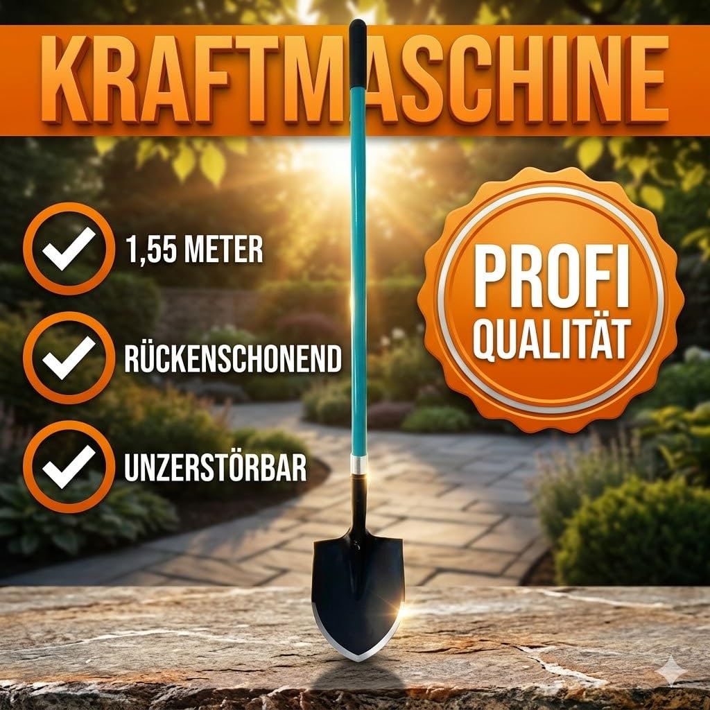 Spatenschaufel mit Fiberglasstiel – robuste Schaufel mit Trittkante, 1.550 mm Reichweite, Starkes 210×290 mm Blatt & ergonomischem Knopfgriff – ideal für Garten, BAU & schwere Erdarbeiten