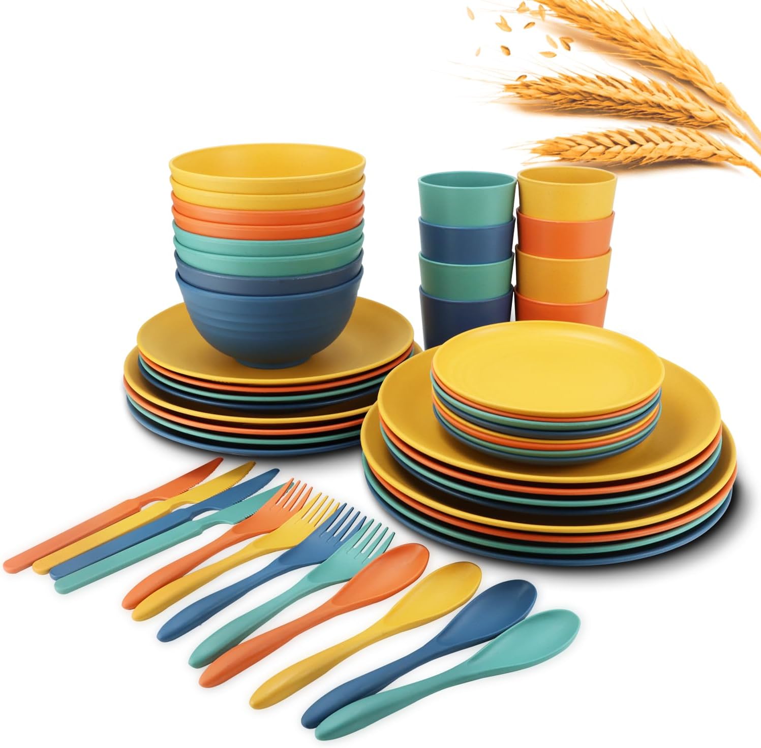 64-Piece Service for 8 Dinnerware Set – Unbreakable Wheat Straw Dinnerware sets of 64 – Dinner plates/Snack plates/Cereal bowls/Drinking Cups/Cutlery for Outdoor camping and indoors.Colorful