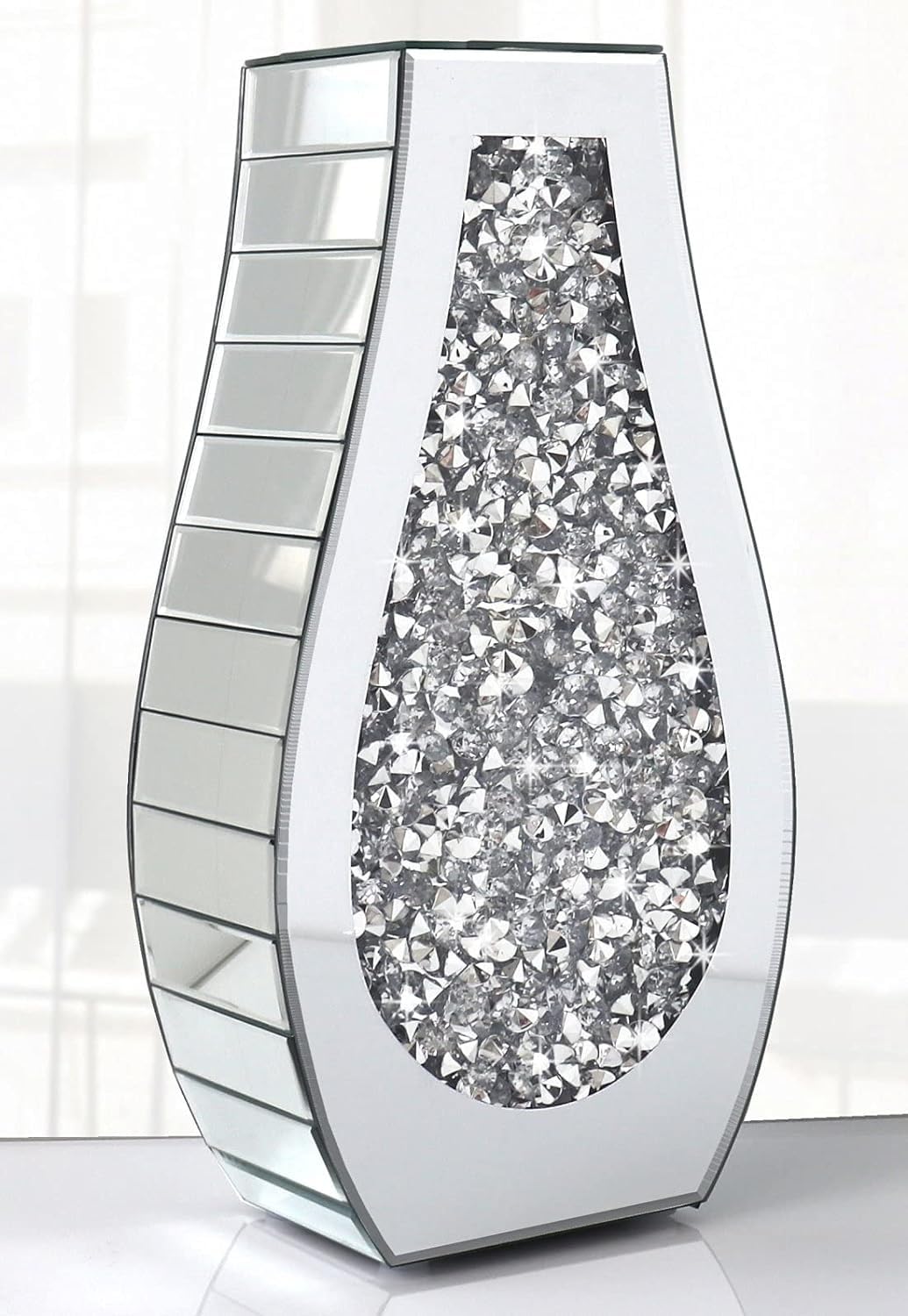 Shabjy Silver Crushed Diamond Mirrored Vase, Arc-Shaped, 40Cm Tall, Crystal Glass, Home Decor