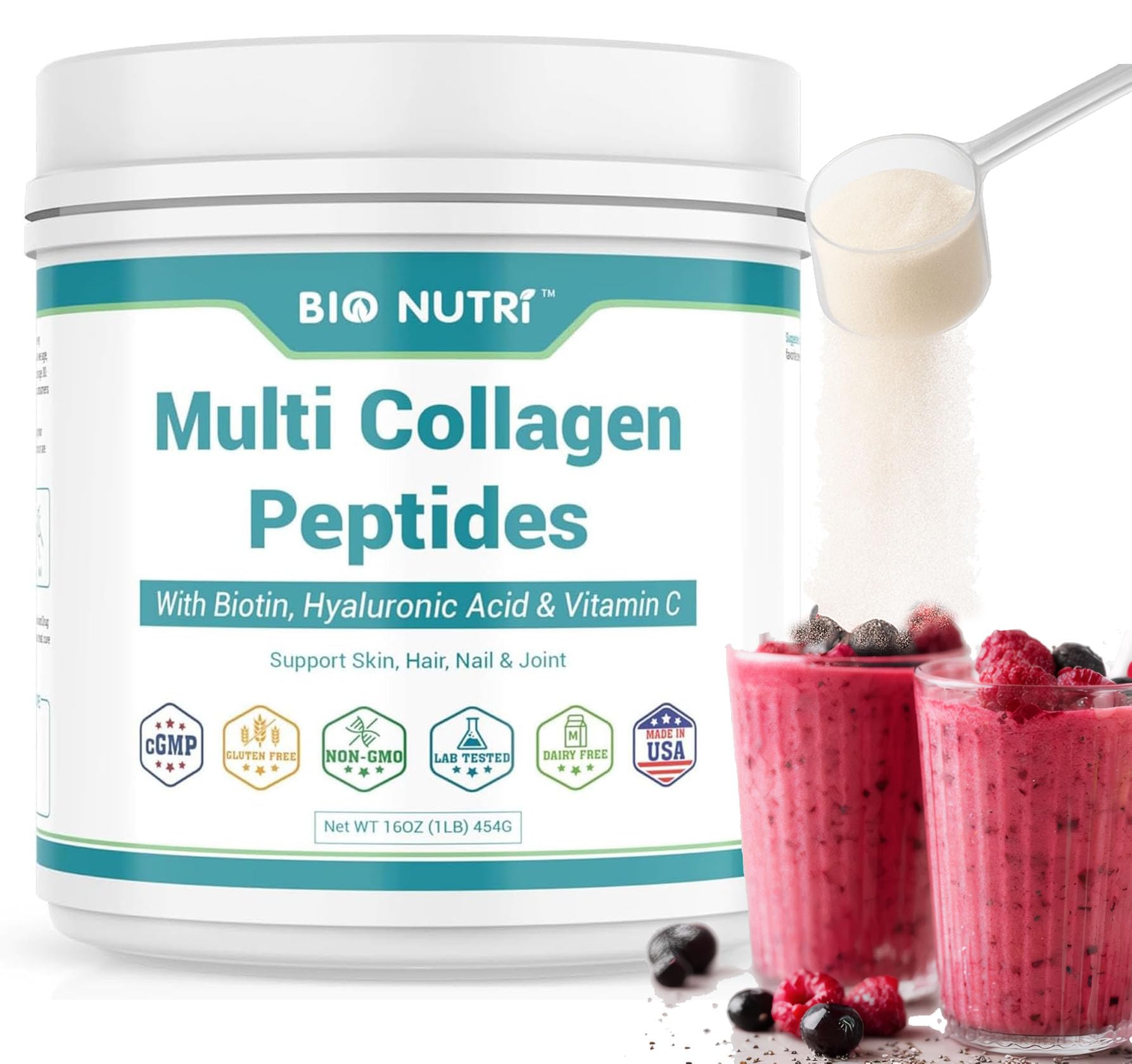 BIO NUTRI Collagen Peptides Powder Multi-Type (I, II, III, V, X) with Biotin & Hyaluronic Acid for Hair, Skin, Nails & Joints, Unflavored, 16oz