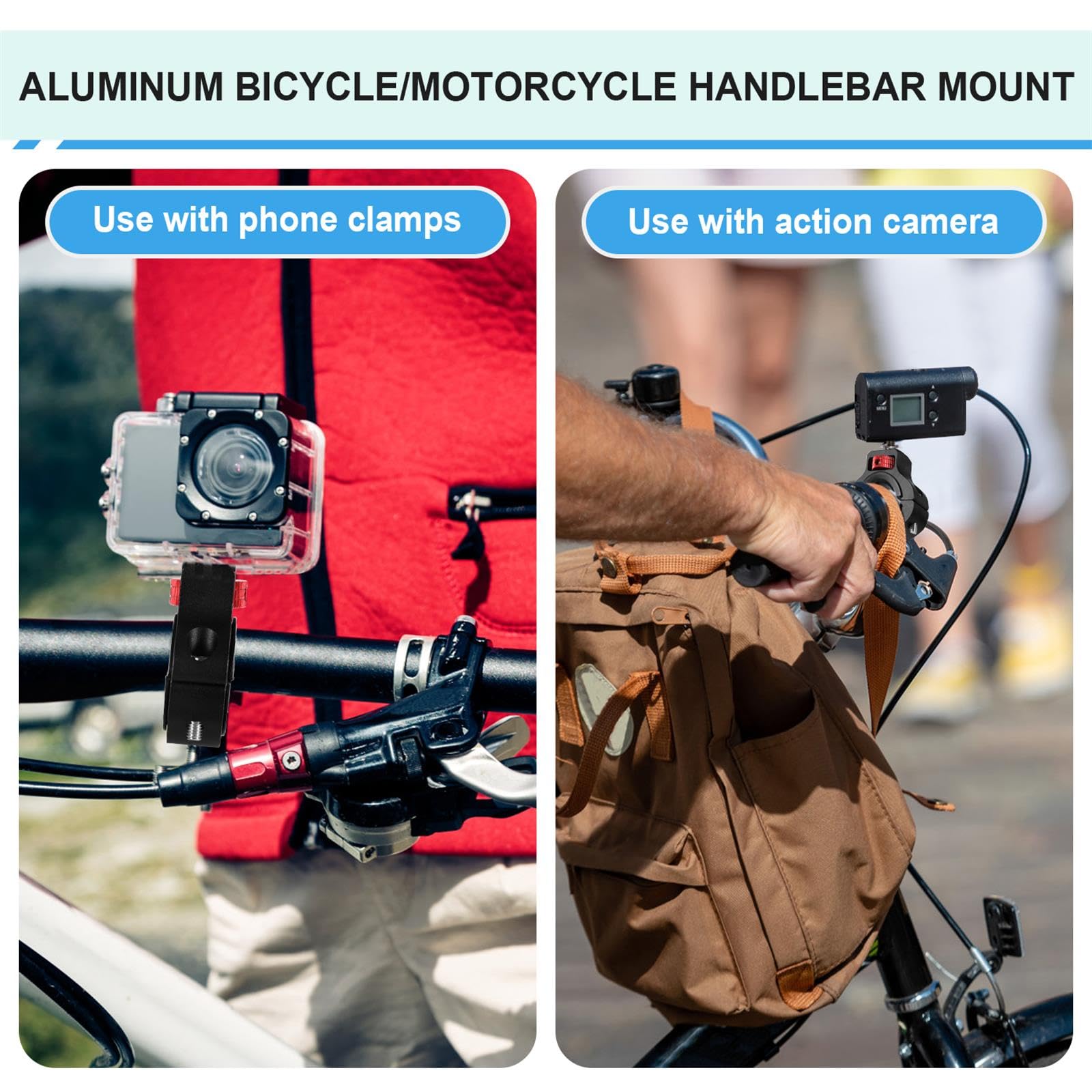 PEUTIER Support de Caméra de Moto, Aluminium Rotatif à 360 Degrés Anti-Retour Support de Pince de Vélo Support de Guidon de Moto pour GoPro Insta360 DJI Osmo et Lumière de Remplissage (22-32mm)