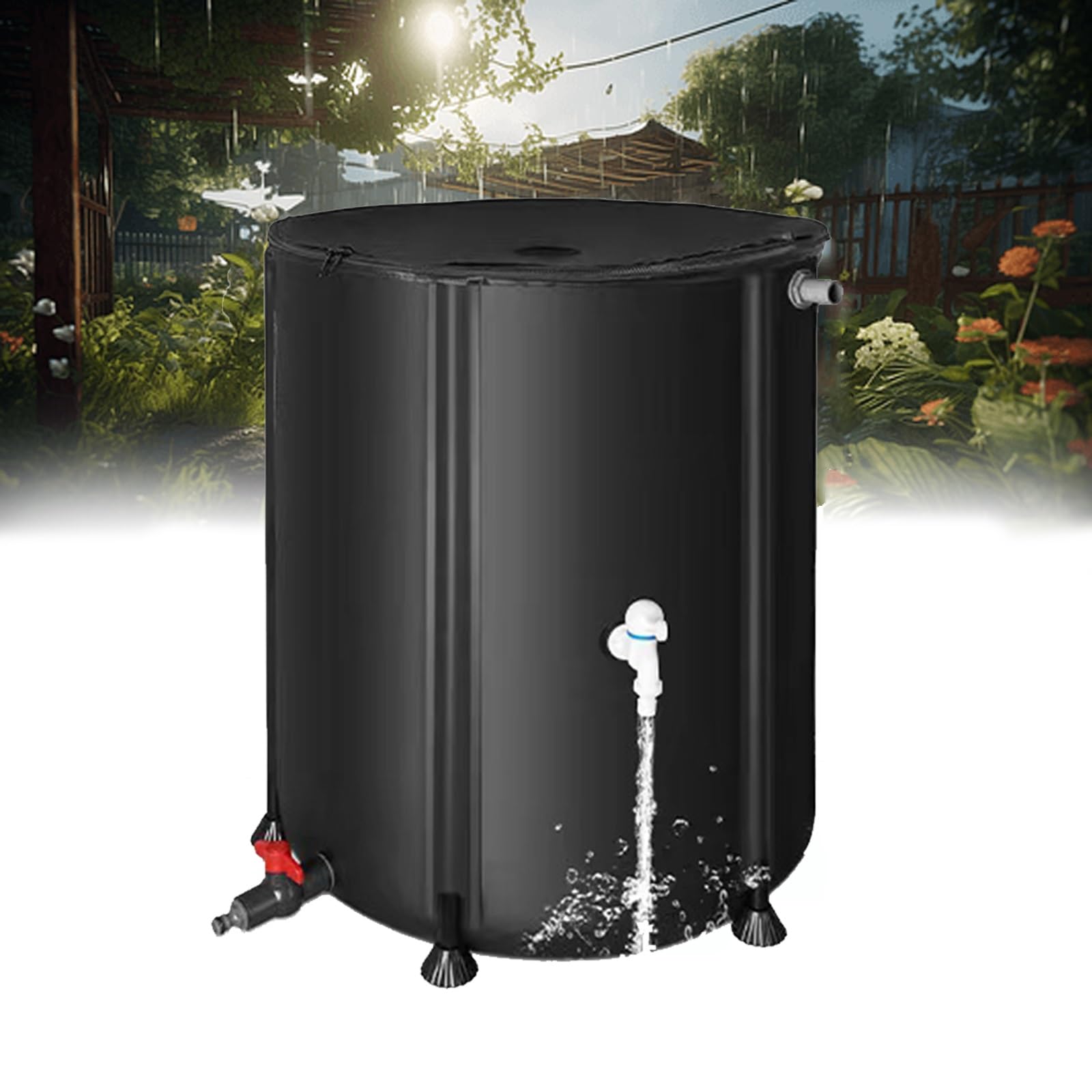 Kit plegable de barril y tope de agua de jardín con grifo de soporte y cubierta de cremallera, sistema de colector de agua de lluvia de 225 L (negro, 60 x 80 cm)