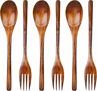 6Pcs Wooden Spoons Forks Set Wooden Spoons and Forks Cutlery Set, Reusable Wooden Utensil Set Wood Spoons Flatware Sets for Stirring Cooking Camping