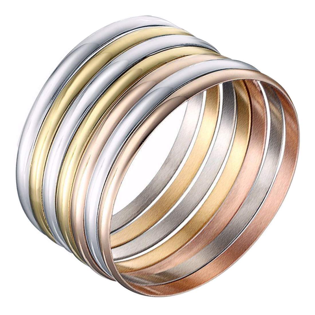 Castillna Tri-Color Silver Gold Rose Gold Bangle Bracelets for Women Set of 7 Pieces