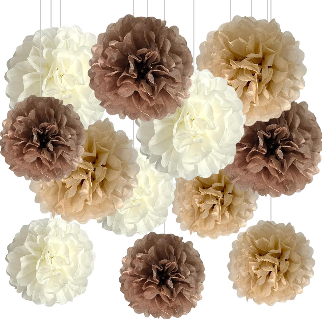 Photo 1 of 12pcs Brown Cream Tissue Paper Pompoms,Hanging Paper Pom Poms for Coffee Boho Rustic Neutral Wedding Bridal Shower Western Party Decoration(Coffee,Khaki,Cream)