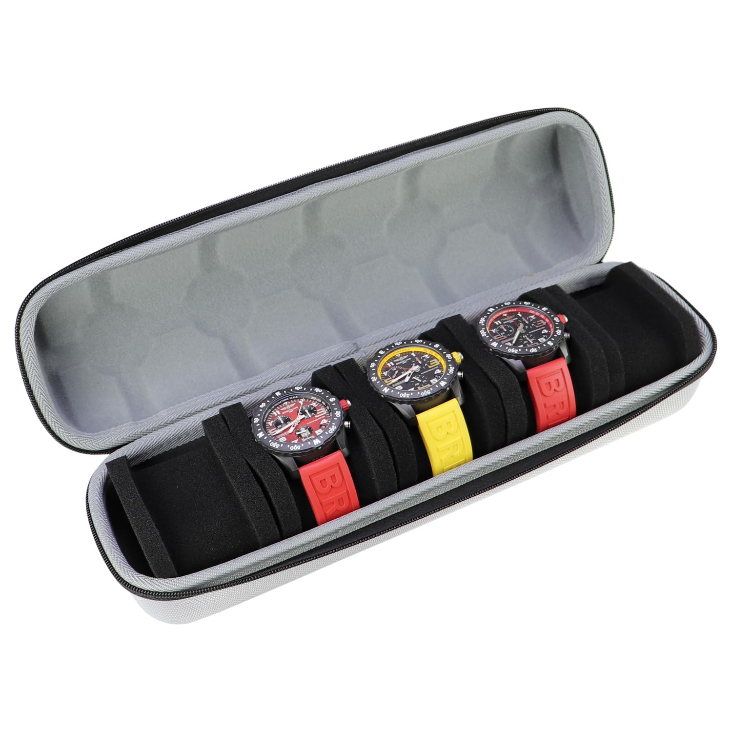 HVMBEUGOS Kai Tian EVA Watch Case with Multiple Slots for Men, Elegant Watch Box with Mechanical Combination Lock and AirTag Holder for Privacy (Silver Nylon with 5 Slots)