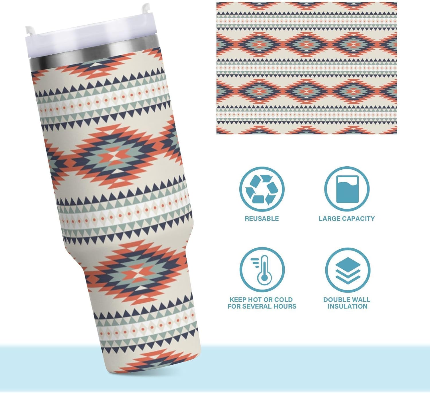 YETTASBIN Boho Aztec 30 oz Tumbler with Handle, Stainless Steel Vacuum Insulated Sports Water Bottle, Leak-proof Travel Coffee Mug Cup with Lid and Straw for Water, Iced Tea or Coffee - Image 8