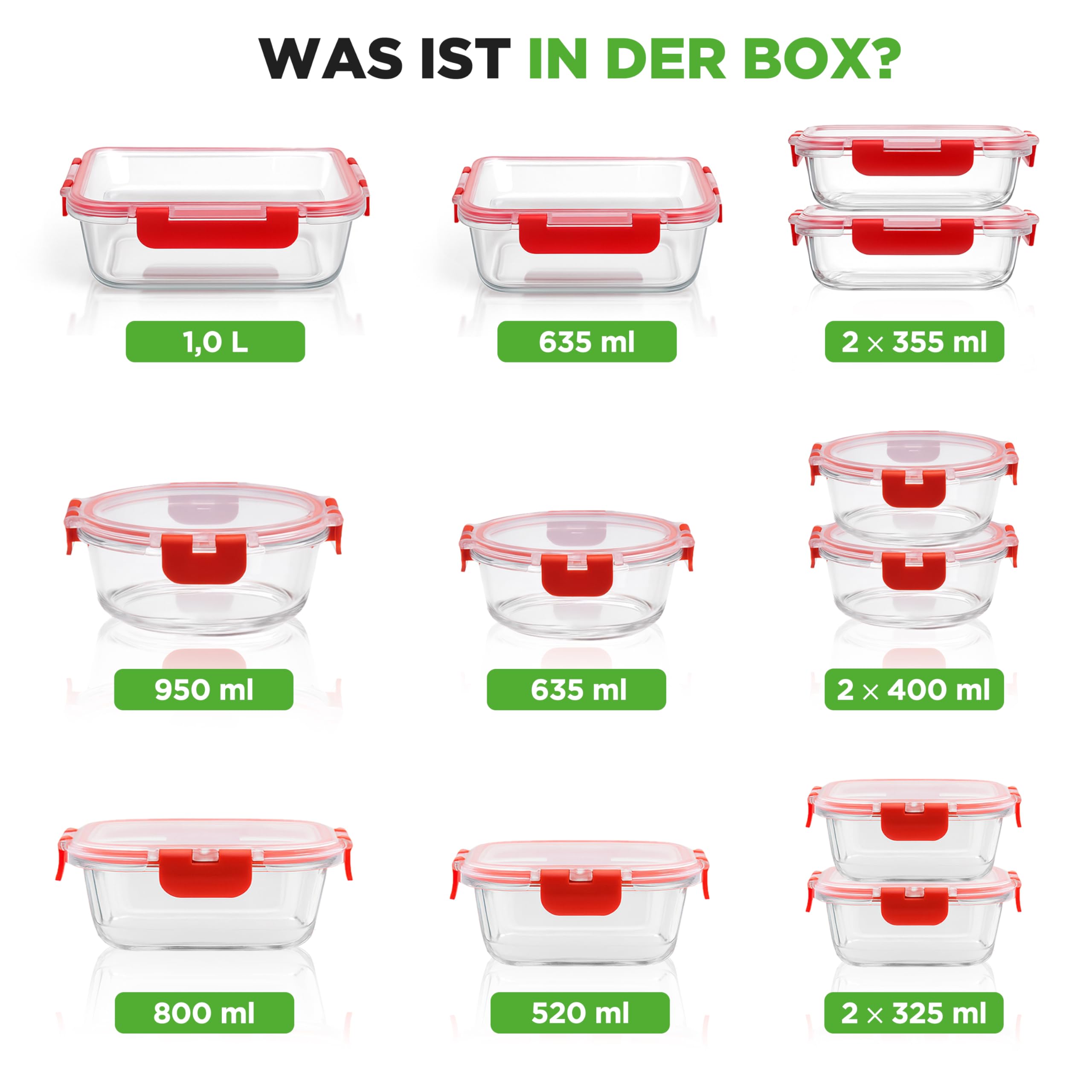 NutriChef Vorratsdosen Glas Set Rot – 12 Glasbehälter mit Deckel Luftdicht Meal Prep Boxen Aufbewahrungsbox Borosilikatglas Stapelbar