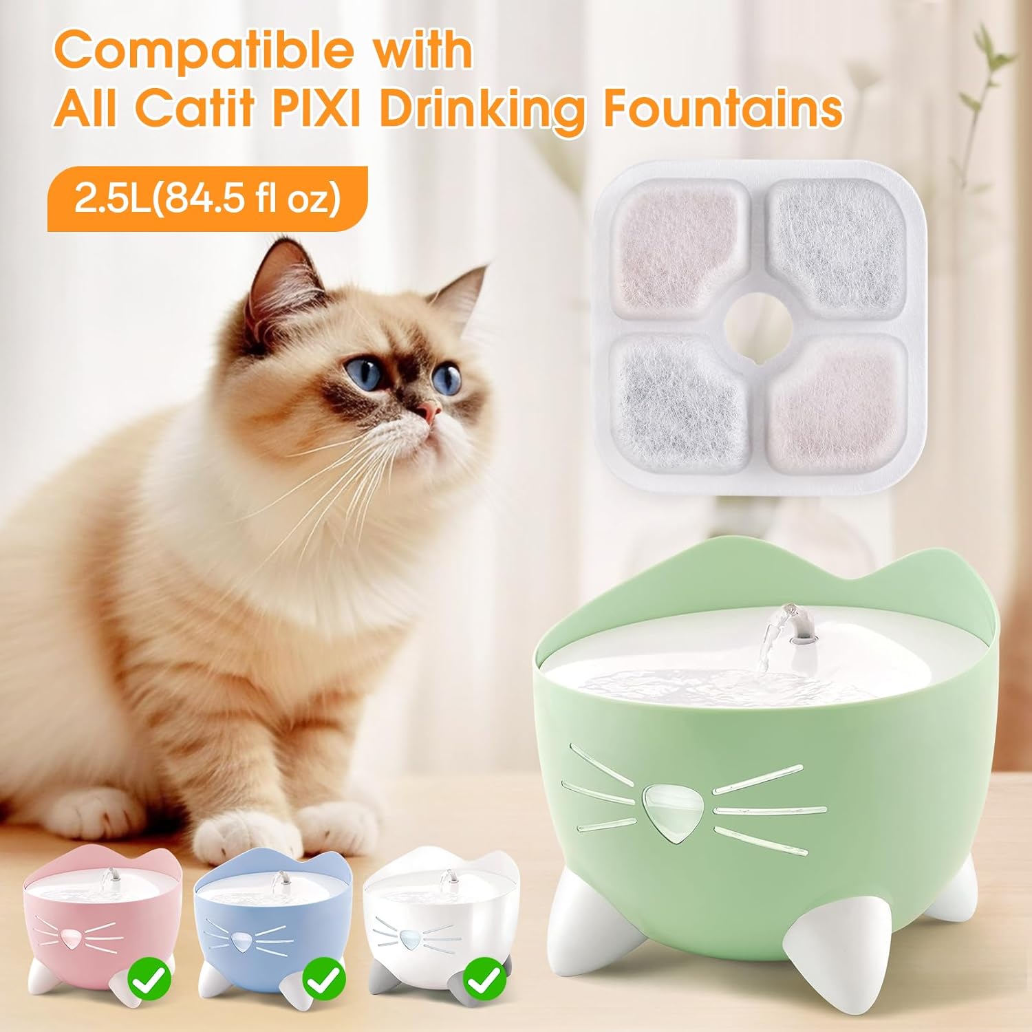 Cat Water Fountain Filter Replacement for Catit Pixi, 16-Pack Triple Action Pet Fountain Filters with 4 Water Pump Tubes (16 Filters + 4 Tubes) - Image 2