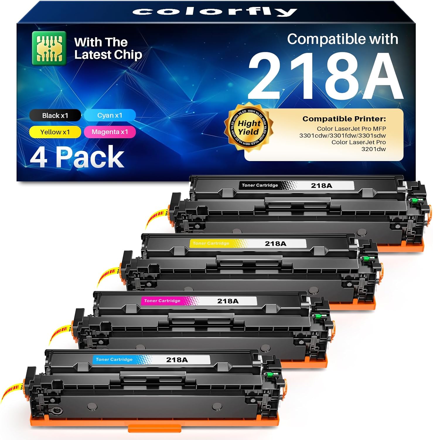 218A 218X Toner Cartridges 4 Pack Compatible Replacement for HP Color LaserJet Pro MFP 3301fdw 3301cdw 3201dw 3301sdw, High Yield with Chip (Black, Cyan, Magenta, Yellow) - W2180A W2181A W2182A W2183A